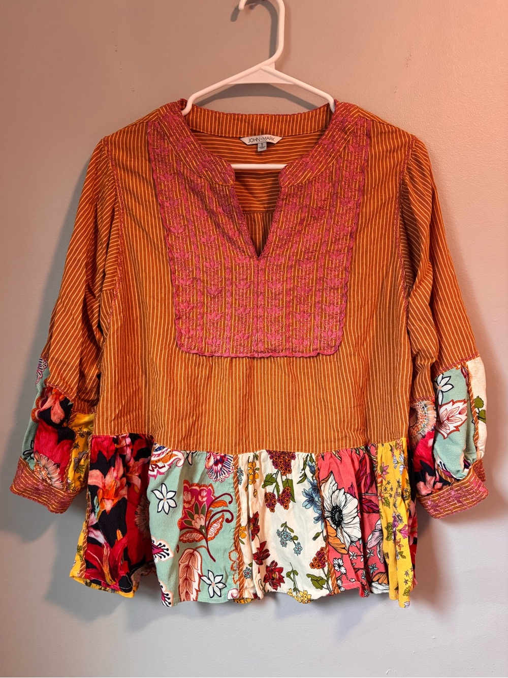 John Mark Orange and Pink Multicolor Patchwork Embroidered Peasant Top